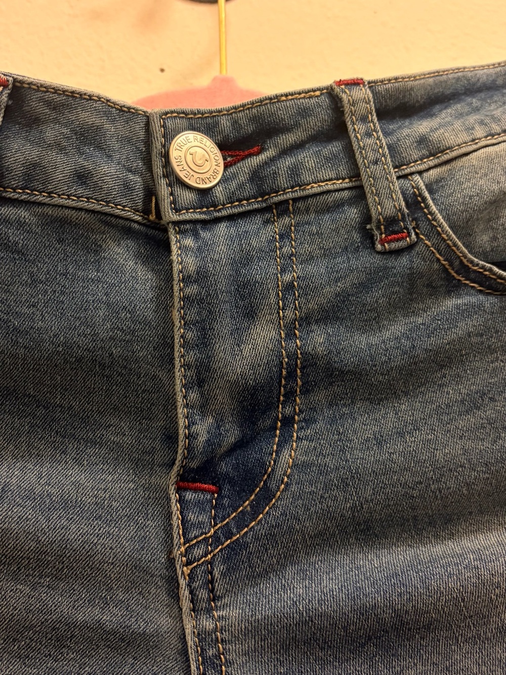 True Religion women's bootcut jeans in medium blue with red stitch accents